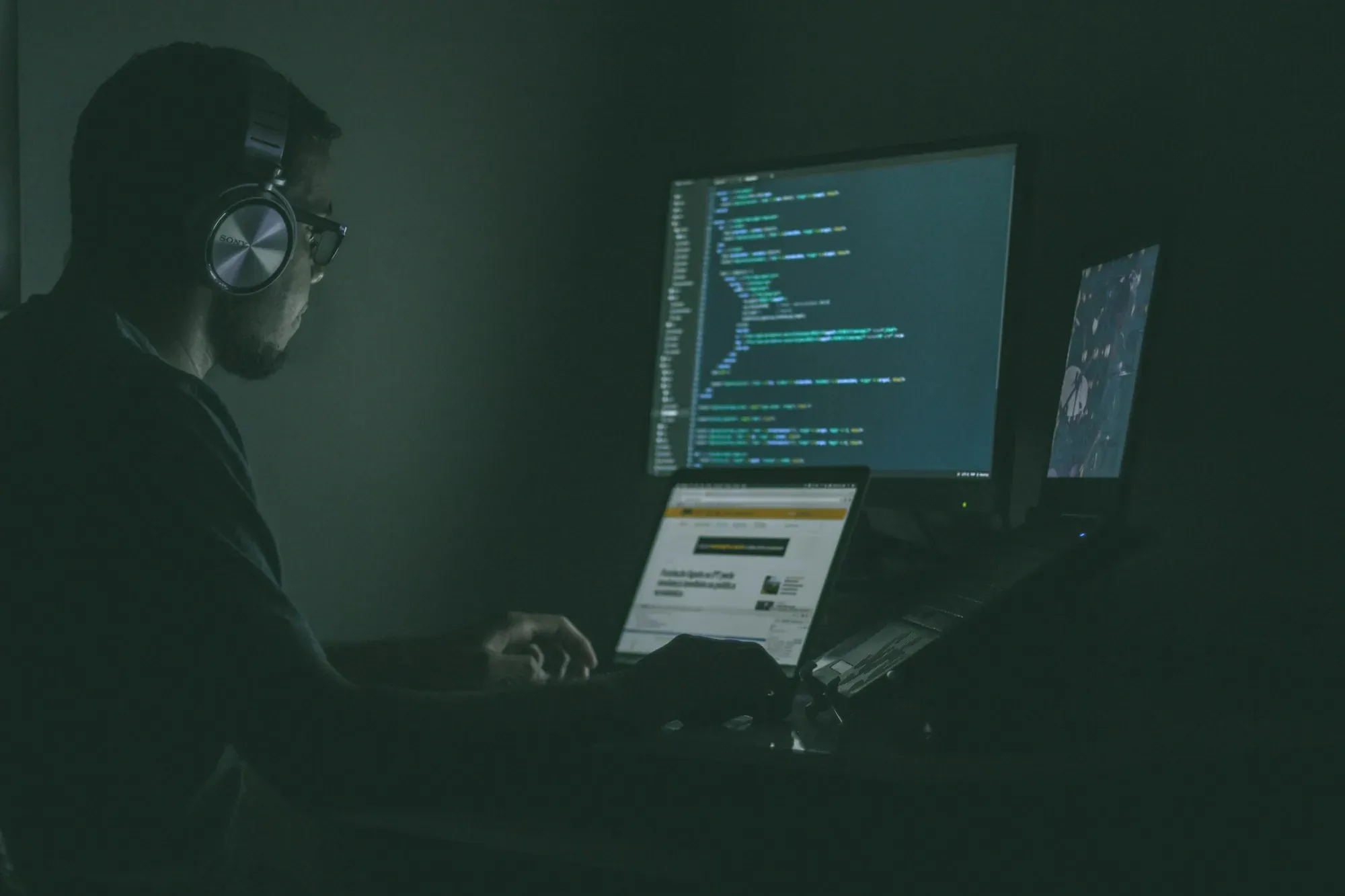 Security researcher working across two code-filled monitors in a dark room