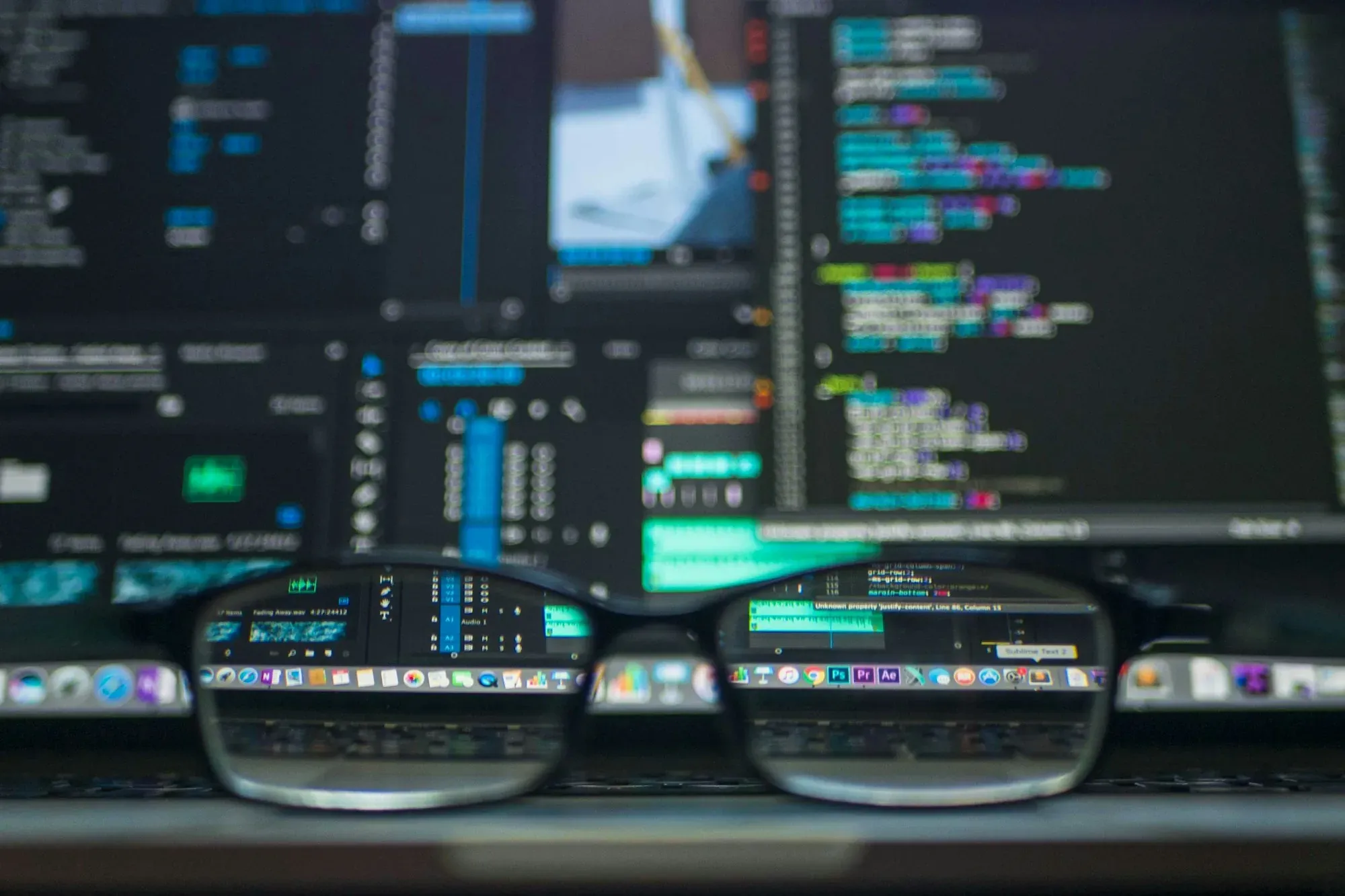 Eyeglasses resting in front of monitors filled with code